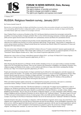 RUSSIA: Religious Freedom Survey, January 2017