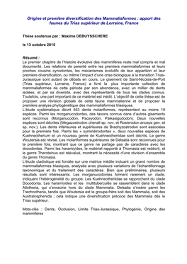 Origine Et Première Diversification Des Mammaliaformes : Apport Des Faunes Du Trias Supérieur De Lorraine, France