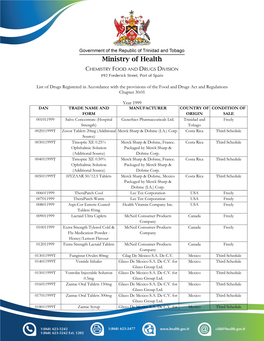 List of Drugs Registered in Accordance with the Provisions of the Food and Drugs Act and Regulations Chapter 30:01 Year 1999