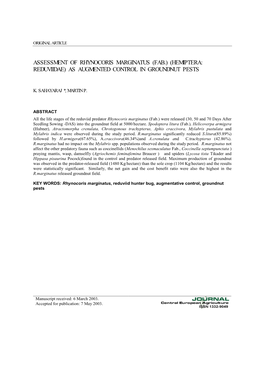 Hemiptera: Reduviidae) As Augmented Control in Groundnut Pests