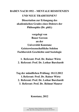 BADEN NACH 1952 – MENTALE RESISTENZEN UND NEUE TRADITIONEN? Dissertation Zur Erlangung Des Akademischen Grades Eines Doktors Der Philosophie (Dr