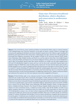 Giant Otter (Pteronura Brasiliensis) Distribution, Relative Abundance and Conservation in Northwestern