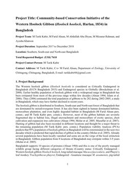 Project Title: Community-Based Conservation Initiative of the Western Hoolock Gibbon (Hoolock Hoolock, Harlan, 1834) in Bangladesh