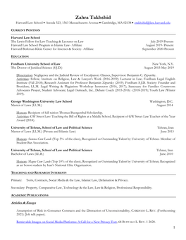 Zahra Takhshid Harvard Law School • Areeda 523, 1563 Massachusetts Avenue • Cambridge, MA 02138 • Ztakhshid@Law.Harvard.Edu