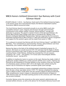 WBCA Honors Ashland University's Sue Ramsey with Carol Eckman Award