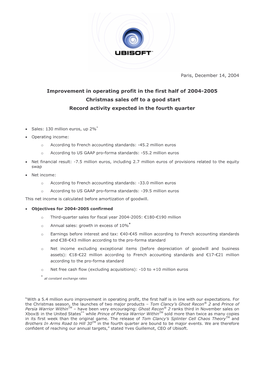 Improvement in Operating Profit in the First Half of 2004-2005 Christmas Sales Off to a Good Start Record Activity Expected in the Fourth Quarter