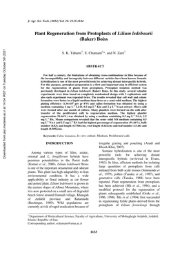 Plant Regeneration from Protoplasts of Lilium Ledebourii (Baker) Boiss