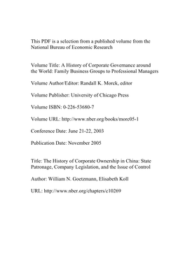 The History of Corporate Ownership in China: State Patronage, Company Legislation, and the Issue of Control