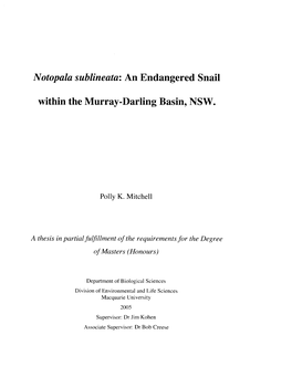 Notopala Sublineata: an Endangered Snail Within the Murray-Darling