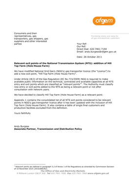 Relevant Exit Points of the National Transmission System (NTS): Addition of Hill Top Farm (Hole House Farm)