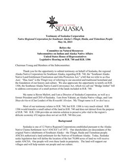 1 Testimony of Sealaska Corporation Native Regional Corporation