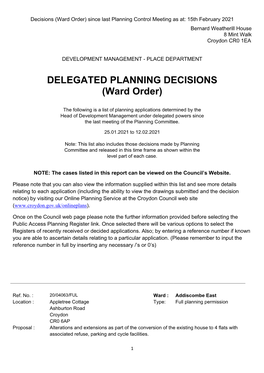 DELEGATED PLANNING DECISIONS (Ward Order)