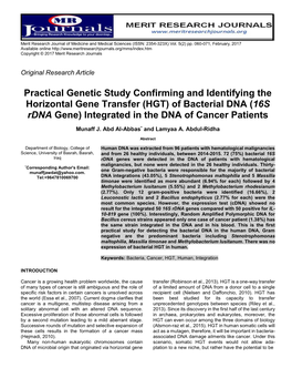 Of Bacterial DNA (16S Rdna Gene) Integrated in the DNA of Cancer Patients