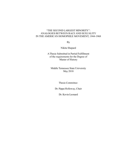 “THE SECOND LARGEST MINORITY”: ANALOGIES BETWEEN RACE and SEXUALITY in the AMERICAN HOMOPHILE MOVEMENT, 1944-1968 by Nikit