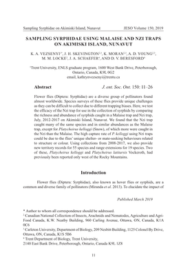 Sampling Syrphidae Using Malaise and Nzi Traps on Akimiski Island, Nunavut