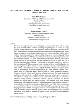 Contributions of Selected African Women to Peace Building in Africa, 1995-2015