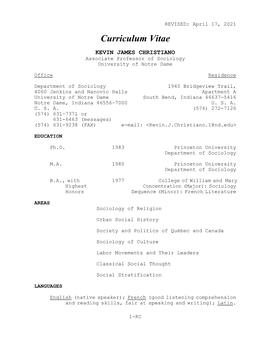 Curriculum Vitae KEVIN JAMES CHRISTIANO Associate Professor of Sociology University of Notre Dame