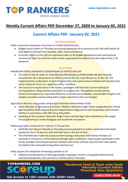 Current Affairs PDF December 27, 2020 to January 02, 2021