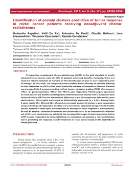 Identification of Protein Clusters Predictive of Tumor Response in Rectal Cancer Patients Receiving Neoadjuvant Chemo- Radiotherapy