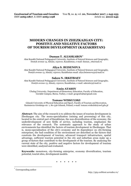 Modern Changes in Zhezkazgan City: Positive and Negative Factors of Tourism Development (Kazakhstan)