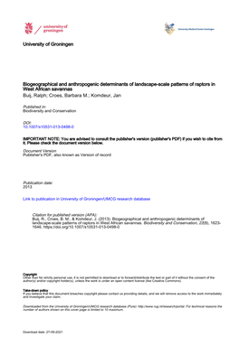 University of Groningen Biogeographical and Anthropogenic Determinants of Landscape-Scale Patterns of Raptors in West African Sa