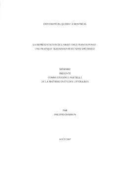 La Représentation De L'objet Chez Francis Ponge: Une Pratique Transparente Du Sens Spécifique