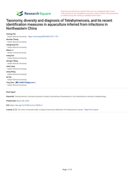 Taxonomy, Diversity and Diagnosis of Tetrahymenosis, and Its Recent Identifcation Measures in Aquaculture Inferred from Infections in Northeastern China