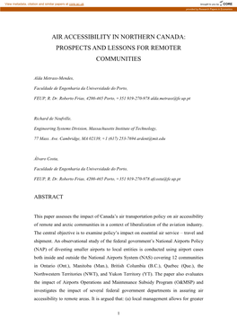 Air Accessibility in Northern Canada: Prospects and Lessons for Remoter Communities