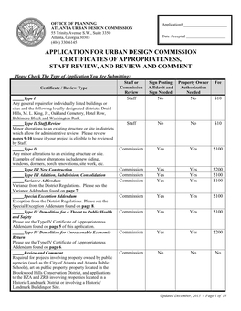 Application for Urban Design Commission Certificates of Appropriateness, Staff Review, and Review and Comment