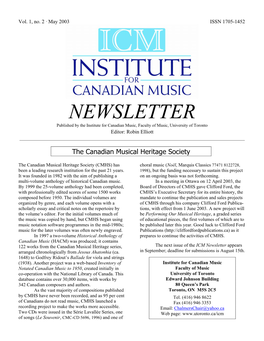 NEWSLETTER Published by the Institute for Canadian Music, Faculty of Music, University of Toronto