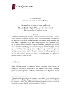 Neorealismo with a Satirical Outlook»: Alberto Sordi (1920-2003) and the Stardom of the Commedia All’Italiana Genre