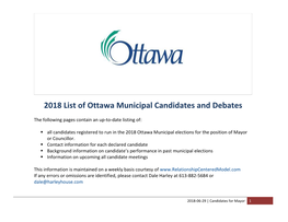 2018 List of Ottawa Municipal Candidates and Debates