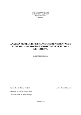 Analiza Modela Igre Francoske Reprezentance V Napadu – Svetovno Nogometno Prvenstvo V Nemčiji 2006