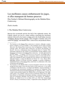 Les Meilleures Causes Embarrassent Les Juges, Si Elles Manquent De Bonnes Preuves: Père Norbert’S Militant Historiography on the Malabar Rites Controversy