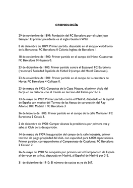 CRONOLOGÍA 29 De Noviembre De 1899: Fundación Del FC Barcelona