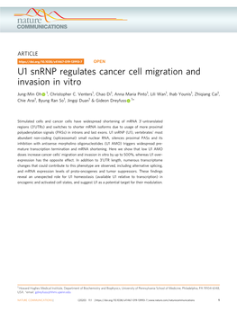 U1 Snrnp Regulates Cancer Cell Migration and Invasion in Vitro