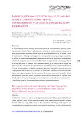 La Derecha Nacionalista Entre Finales De Los Años Veinte Y Comienzos De Los Treinta: Una Aproximación a Los Casos De Ernesto Palacio Y Julio Irazusta
