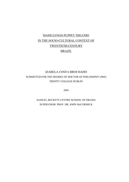 Mamulengo Puppet Theatre in the Socio-Cultural Context of Twentieth-Century Brazil