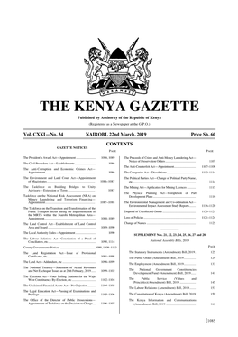 THE KENYA GAZETTE Published by Authority of the Republic of Kenya (Registered As a Newspaper at the G.P.O.)