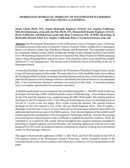 HYDROLOGIC/HYDRAULIC MODELING of WESTMINSTER WATERSHED ORANGE COUNTY, CALIFORNIA James Chieh, Ph.D., P.E., Senior Hydraulic Engi