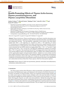 Health-Promoting Effects of Thymus Herba-Barona, Thymus Pseudolanuginosus, and Thymus Caespititius Decoctions