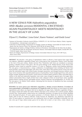 Rodentia, Cricetidae): Again Paleontology Meets Neontology in the Legacy of Lund