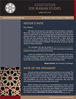 ASSOCIATION for IRANIAN STUDIES انجمن ایران پژوهی AIS Newsletter Volume 37, Number 2 October 2016