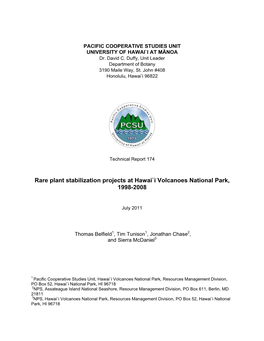 Rare Plant Stabilization Projects at Hawai`I Volcanoes National Park, 1998-2008
