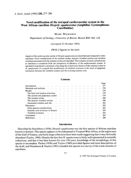 Novel Modification of the Tetrapod Cardiovascular System in the West African Caecilian Herpele Squafostoma (Amphibia: Gymnophiona: Caeciliaidae)