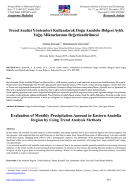 Trend Analizi Yöntemleri Kullanılarak Doğu Anadolu Bölgesi Aylık Yağış Miktarlarının Değerlendirilmesi