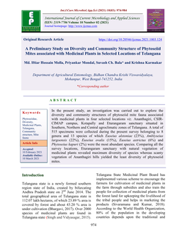 A Preliminary Study on Diversity and Community Structure of Phytoseiid Mites Associated with Medicinal Plants in Selected Locations of Telangana