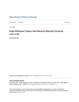 Pedro Rodriguez Cubero: New Mexico's Reluctant Governor, 1697-1703