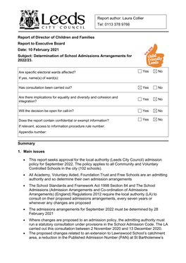 Determination of School Admissions Arrangements for 2022/23