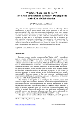 Whatever Happened to Italy? the Crisis of the Italian Pattern of Development in the Era of Globalization